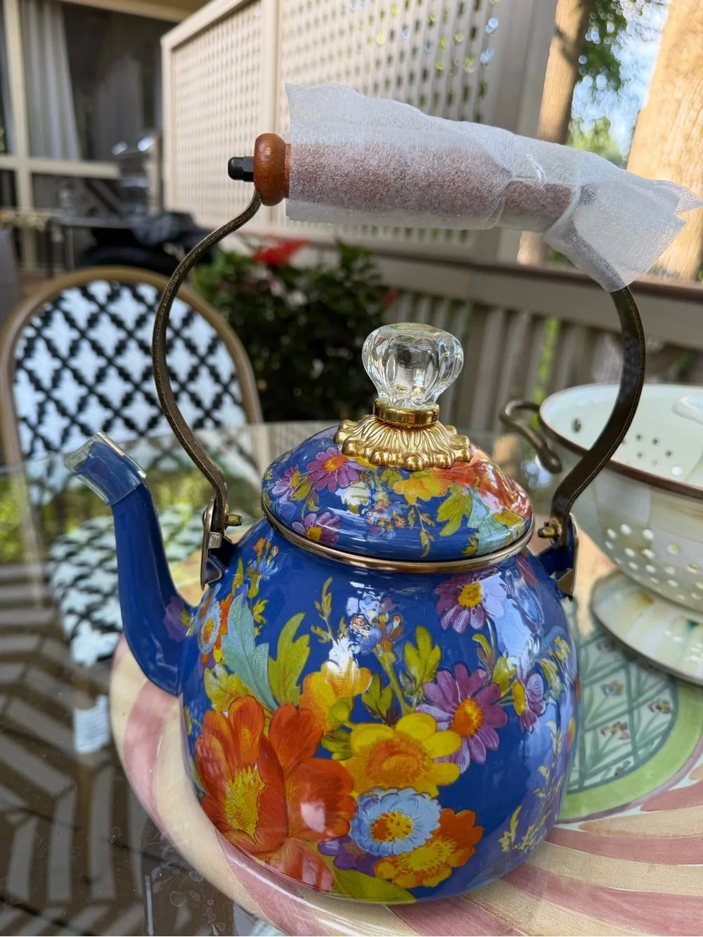 MacKenzie-Childs Blue Floral Enamel Teakettle with Gold Accents nib